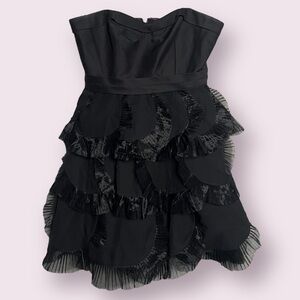 BCBGMaxazria Black Strapless Scallop Tulle Trim Tiered Dress 8 Petite
